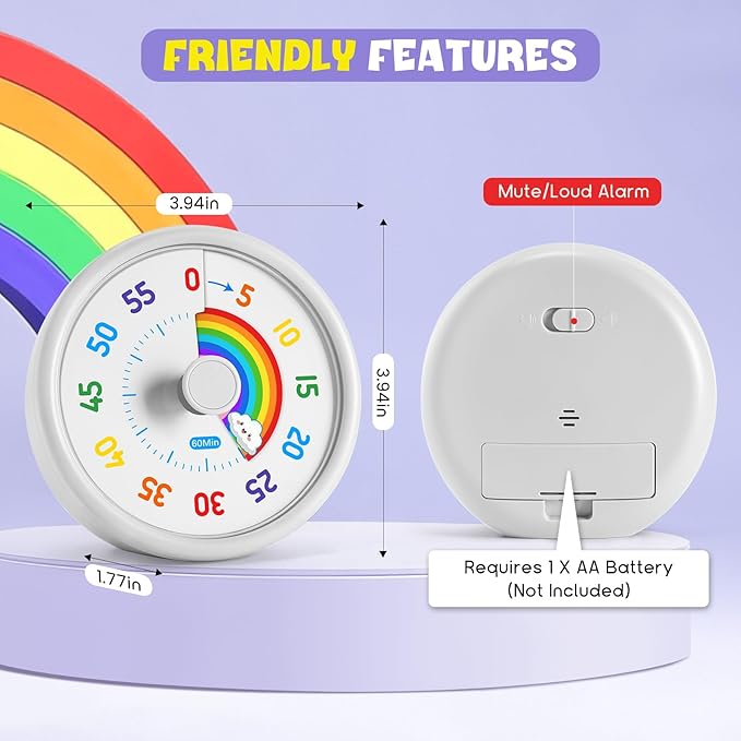 HIPPIH Visual Timer for Kids, 60 Minute Countdown Timers for Classroom Kitchen Office, Rainbow Disk Desk Timer Clock with Silent Operation, Pomodoro Timer Time Management Tools for Toddler ADHD White