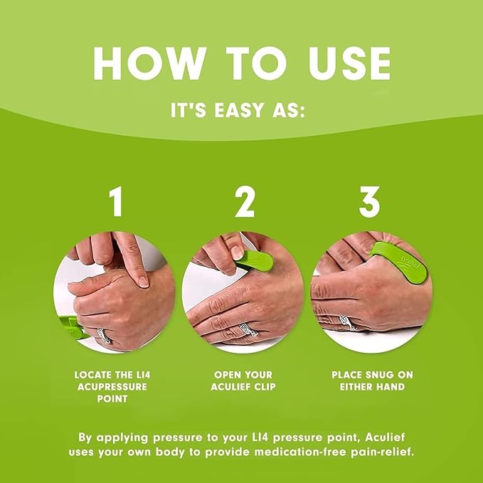 Aculief Wearable Acupressure Clip - Portable Stress Support & Acupressure Clip for Thumb - Adjustable Fit for Hand Pressure Point - Pack of 2, Regular, Green