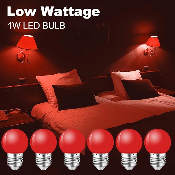 Red Light Bulb,1W E26 Red LED Lights Bulb,Small Colored Bulbs for Outdoor Indoor,Red Night Lights Bulb 1W Equivalent 5 Watt,Red Colored Bulbs for Halloween Party Christmas Bedroom,Pack of 6