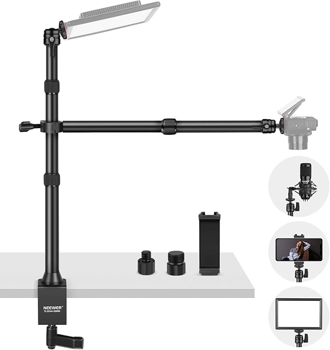 NEEWER TL253A+DS001 Table Camera Tripod with 2 Telescopic Arms, Phone Holder, Ball Heads, Screw Adapter, Table Light Stand for Camera, Mobile Phone, Webcam, Ring Light