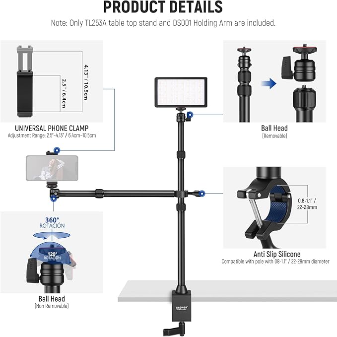 NEEWER Desk Stand with 2 Telescopic Boom Arms Phone Holder for Mic Camera Webcam Ring Light, Desktop Overhead Microphone Mount with C Clamp, Ball Heads, Screw Adapter, Cleaning Cloth, TL253A+DS001