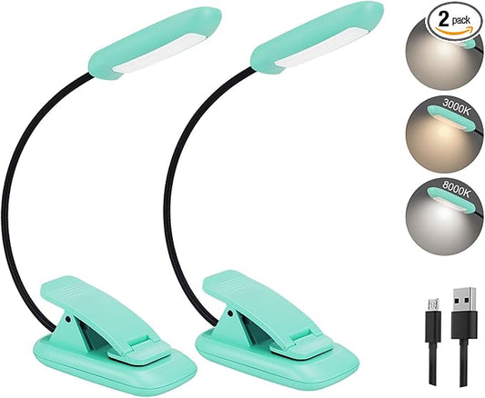 BIGMONAT Rechargeable Book Light for Reading,Eye Care Reading Lamp in Bed with Brightness Adjustable, Lightweight Clip 360°Rotary Night Lighting Neck for Kids, Book Lovers (Blue,2Pack)