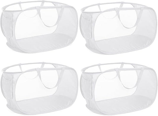 4 Pack Collapsible Laundry Baskets, Foldable Laundry Basket with Pocket, Durable Pop Up Hampers, Reinforced Handles Dirty Clothes Hamper for Laundry, Bedroom, Bathroom, Dorm, Travel or Camping White