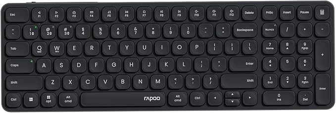 Rapoo E9350L Rechargeable Wireless Keyboard, Support 4 Devices, Ultra-Slim with Indicator Light, Quiet, 90-Day Battery Life, Full Size Keyboard with Numeric Keypad for Windows/Mac/Linux/Chrome, Black