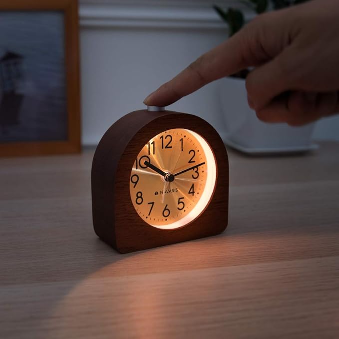 Navaris Wood Analog Alarm Clock - Half-Round Gold Face Battery-Operated Non-Ticking Clock with Snooze Button and Light - Dark Brown