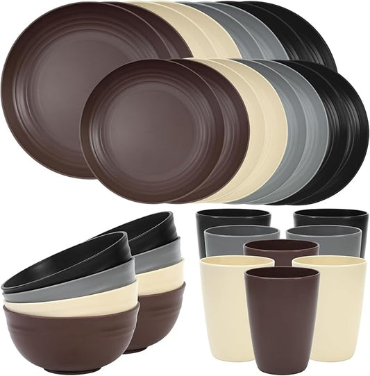 Quatish 32 Piece Plates and Bowls Sets for 8, Unbreakable Dinnerware Sets, Plastic Dish Set for Camping, Dishwasher Microwave Safe, Outdoor Kitchen and Apartment Dinning RV Essentials, Brown