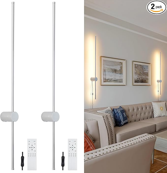 Dimmable Plug in Wall Sconce Set of 2, Chrome 39.37" LED Wall Light with Remote, Adjustable Color Temperature Brightness Wall lamp with Timer for Living Room,Bedroom and Accent Lighting