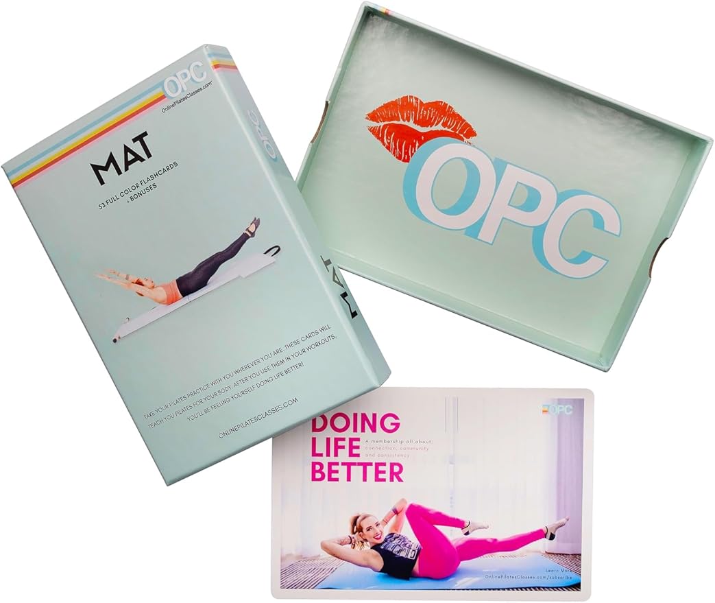 OnlinePilatesClasses Mat Pilates Workout Planner with Video Tutorials, 59 All-Level Exercise Flash Cards Ideal for Yoga, Abs, Core Workouts and Fitness Enthusiasts, No Equipment Needed