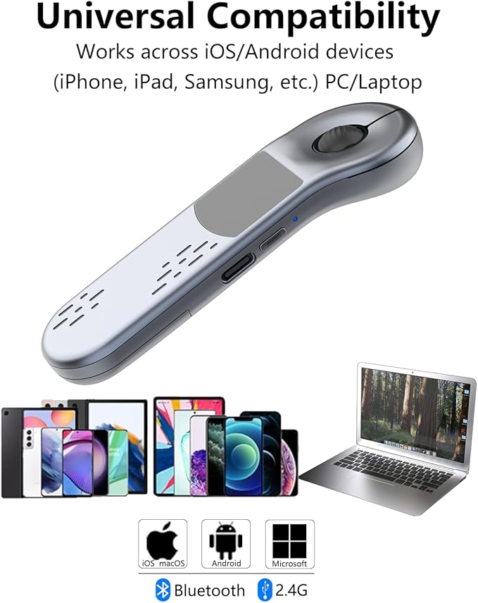 Air Mouse for PC/iOS/Android with Touchpad Bluetooth 2.4G Remote Control for PowerPoint/Keynote/Tiktok/Camera/Kindle App Rechargeable Wireless Presentation for PPT Pointer (Silver)
