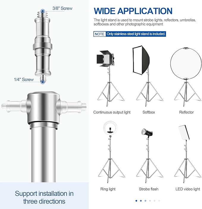 Wellmaking Stainless Steel Photography Light Stand 9.2ft/280cm.Spring Cushioned Heavy Duty Tripod Stand with 1/4”to3/8” Screw Adapter and Tilt Swivel Mount for Strobe, Video Light,ring light,Monolight