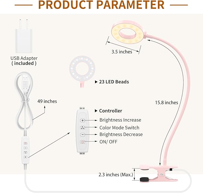 iZELL Desk Lamp, [3 Color Modes & 10 Brightness] LED Reading Light with Clamp, Flexible Gooseneck Book Light for Kids Reading Book in Bed at Night Clip on Table, Headboard, Dorm - 15.8‘’ Pink