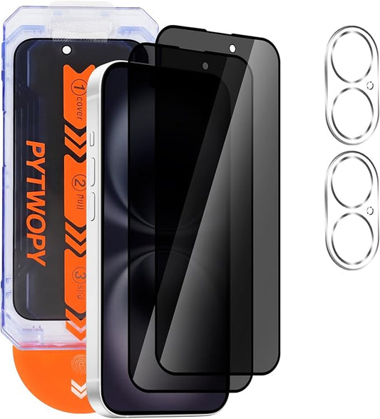 Privacy Screen Protector for iphone 16 Plus 6.7 inch[2 Pack] [Easy Installation],with 2 Camera Lens Protectors,Tempered Glass Anti Spy 9H Hardness Black Film,Case Friendly