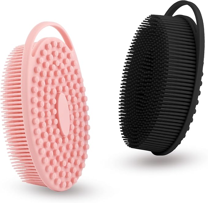 2 Pack Silicone Body Scrubber with Loofah Exfoliating Soft Body Shower Scrubber for Body, 2 in 1 Bath and Shampoo Wash Brush for Skin Exfoliation Men Women (Black&Pink)