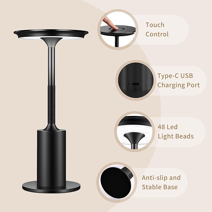 2 Pack Cordless Table Lamps,Portable Table Light with 3 Color Stepless Dimming,6000mAh Rechargeable Battery,Touch Control Dimmable LED Lamp for Outdoor/Dinner/Patio/Restaurant (Black)