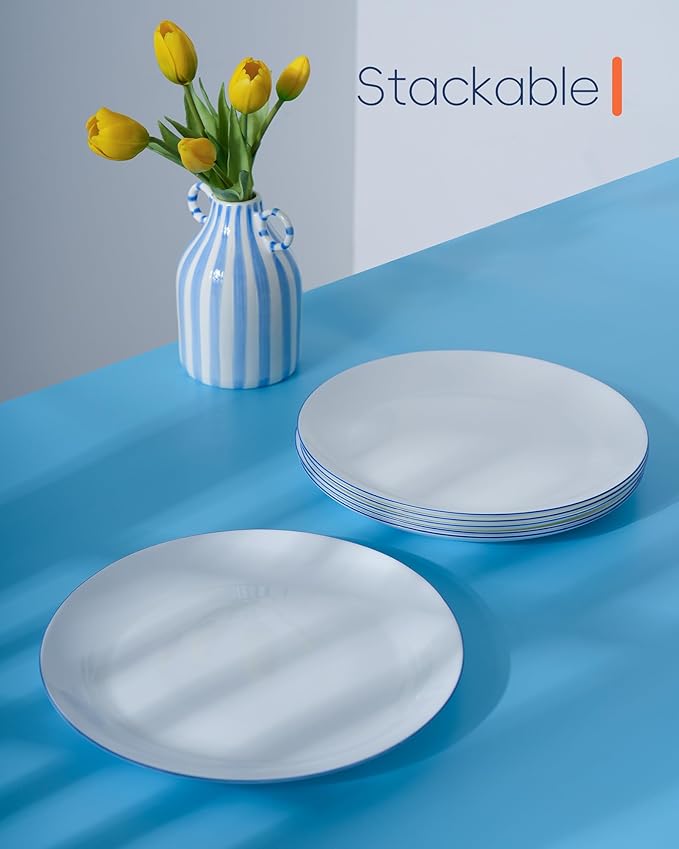 10.5 inch Dinner Plate Set of 6, Lightweight Round Opal Glass Dinnerware Plates, Dishwasher and Microwave Safe, Hand Painted Navy Blue Rim