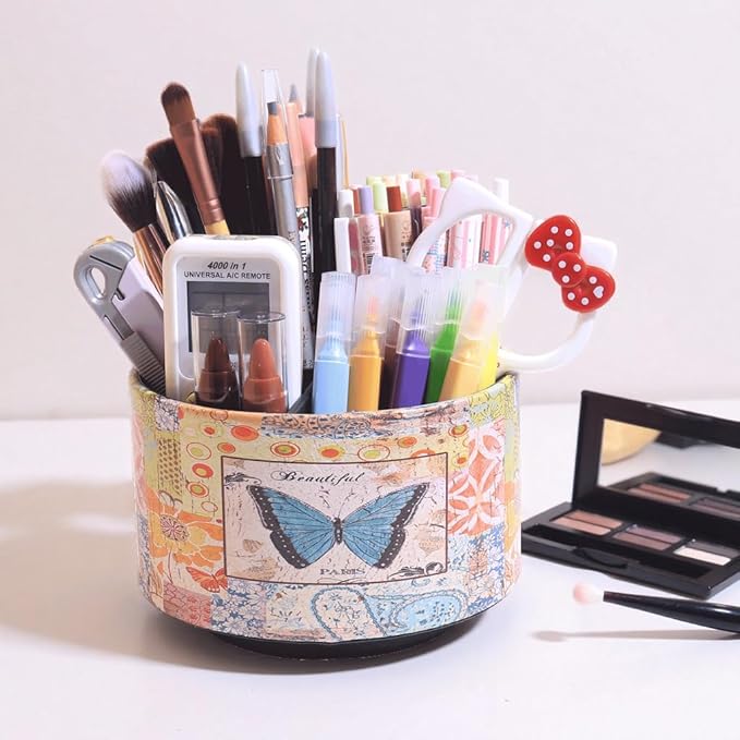 360° Rotate Desk Pen Organizer, Makeup Brush Holder Organizer, Makeup Organizers Countertop, TV Remote Control Holder,Leather Remote Caddy,Dual-Purpose Art Supply Pencil Cup (Blue Butterfly)