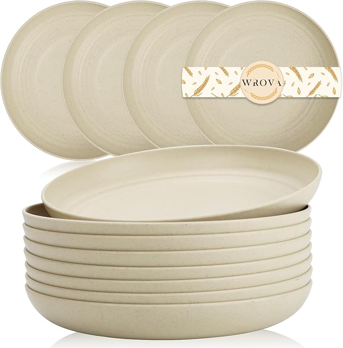 Wheat Straw Plates - 9 Inch Unbreakable Dinner Plates Set of 8 - Dishwasher & Microwave Safe Plastic Plates Reusable - Lightweight Plates for kitchen,R.V. (Beige)