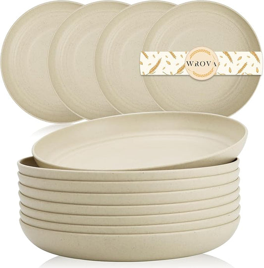 Wheat Straw Plates - 9 Inch Unbreakable Dinner Plates Set of 8 - Dishwasher & Microwave Safe Plastic Plates Reusable - Lightweight Plates for kitchen,R.V. (Beige)