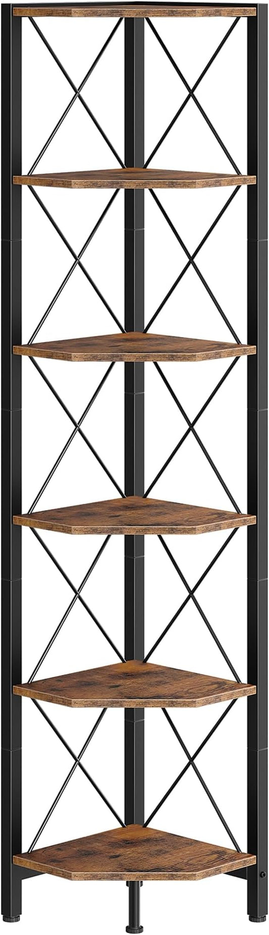 6-Tier Corner Shelf, Corner Bookcase, 66.9" Tall Vertical Display Rack, Plant Stand, Open Storage Shelf, for Living Room, Bedroom, Study, Kitchen, Rustic Brown and Black TCJ13BF
