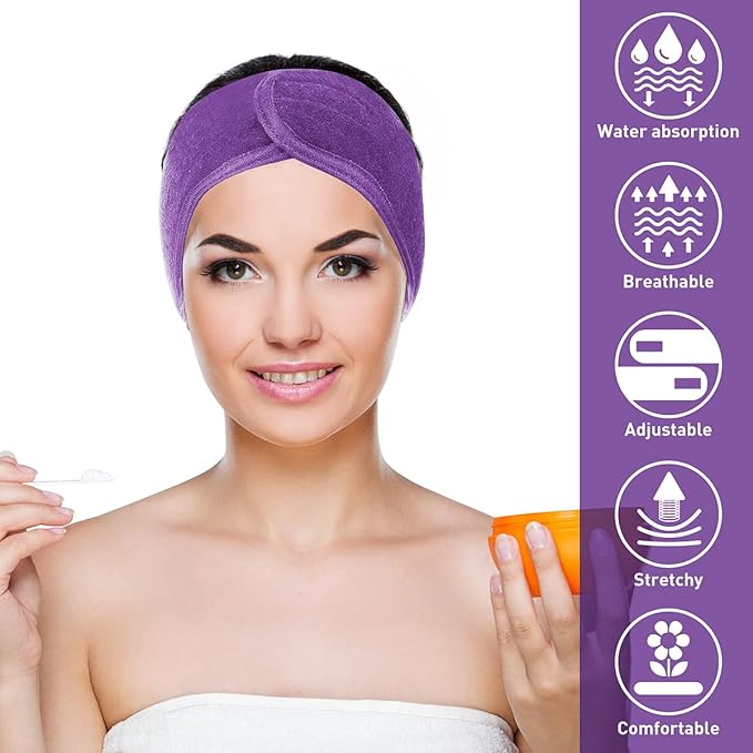 Denfany Spa Headband 3 Pack Ultra Soft Adjustable Face Wash Headband for Face Washing, Shower, Makeup and Sport (purple)