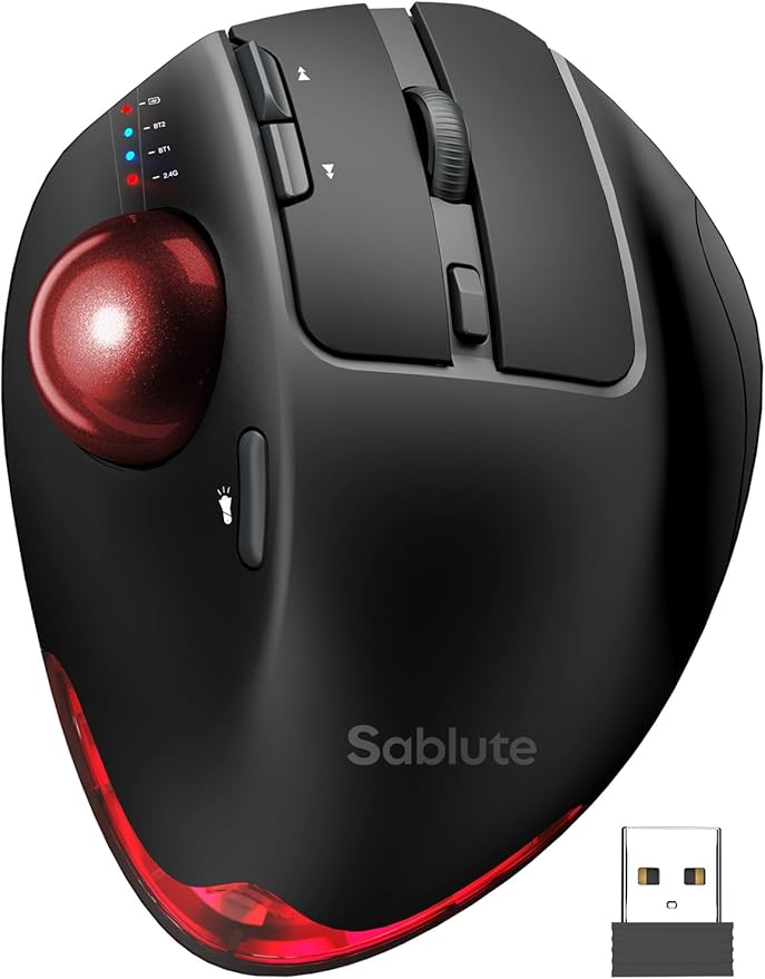 Wireless Trackball Mouse, Ergonomic Bluetooth Rechargeable Computer Mouse, Backlit Rollerball Thumb Laptop mice with 5 Level DPI, Adjustable Angle, 3 Devices Connection for PC, Windows - Red Ball