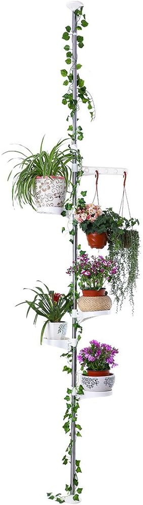 BAOYOUNI 5-Tier Tension Rod Plant Holder Pole, Flower Display Stand Rack Stainless Steel Decorative Shelf, Ivory