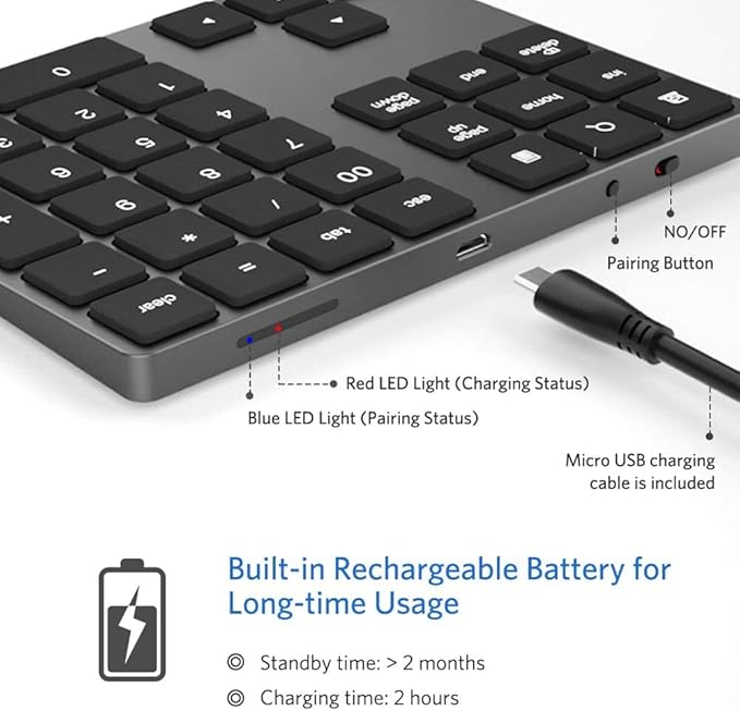 Bluetooth Number Pad, Aluminum Rechargeable Numeric Keypad Wireless 34-Keys Number Keyboard Shortcut Keypad Numpad Data Entry Compatible for iMac Windows