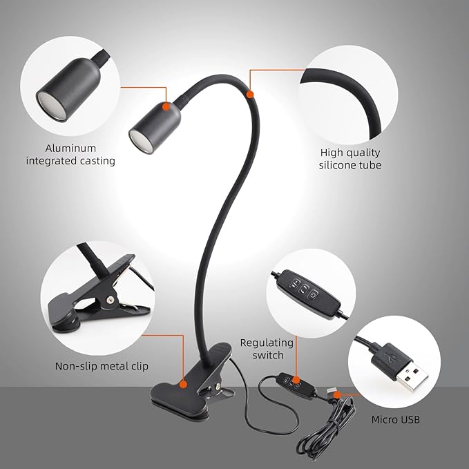 LED Reading Light for Bed Headboard – Dimmable Clip-On Book Light with Flexible Gooseneck, Adjustable Color Temperature (3000/4000/6000K), USB-Powered Desk Lamp for Dorms and Home