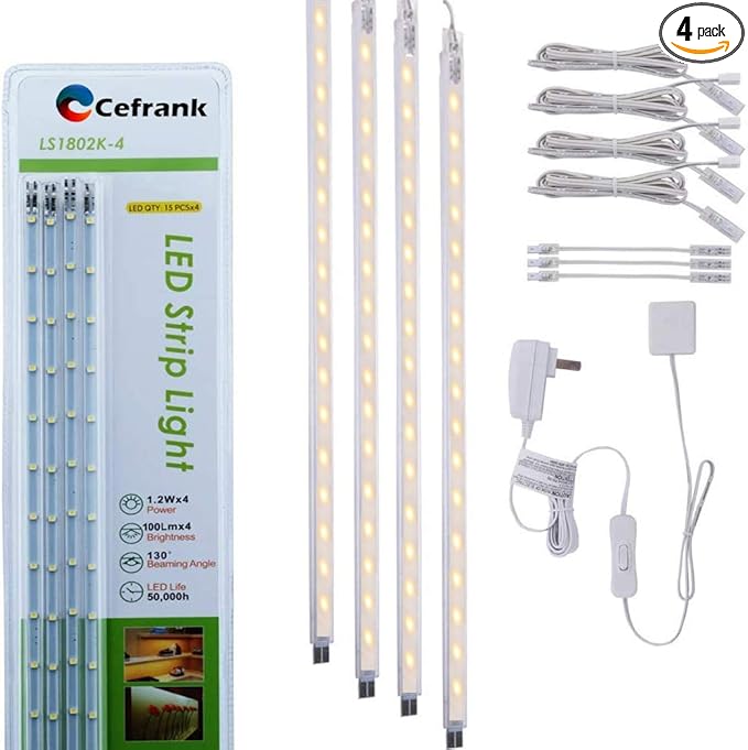 Cefrank LED Display Light Bars - 4X 16inch Linkable Slim Light Strip Kit - Series + Parallel Connection - Plug n Play - Soft Warm White 3000K
