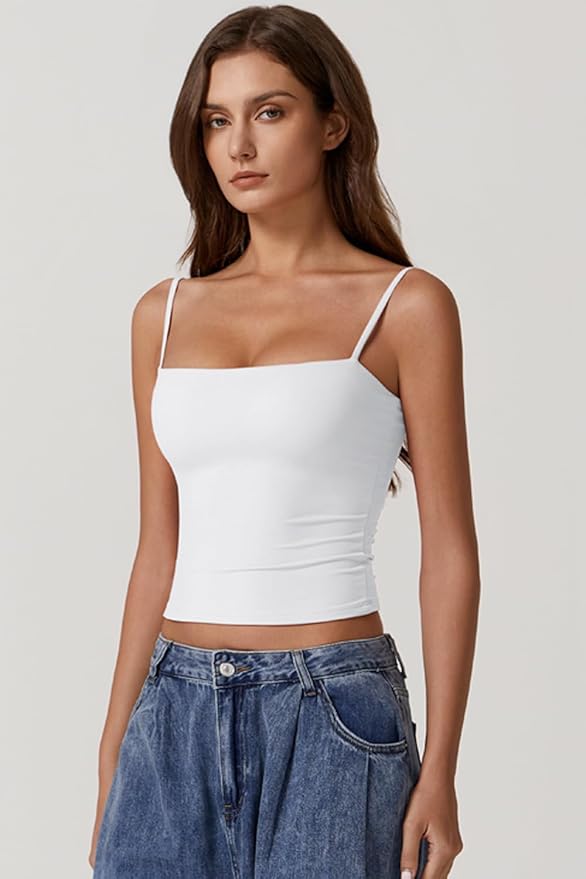 QINSEN Women's Double Lined Basic Tank Top Adjustable Spaghetti Straps Sleeveless Camisole Shirts