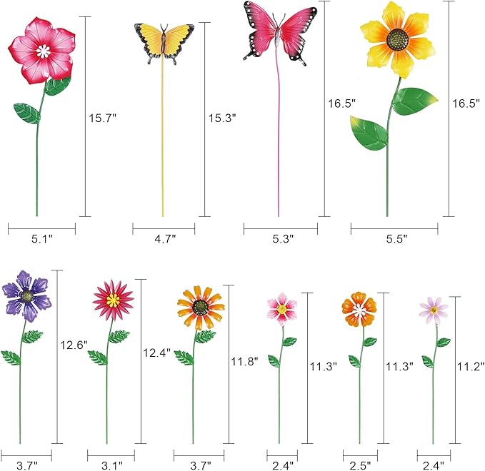 hogardeck Garden Decor for Outside, Set of 10 Metal Flowers Decorative Garden Stakes for Spring Decor, Yard Art Garden Decorations for Outdoor Lawn Porch Pathway (Multi-Color) (Color b)