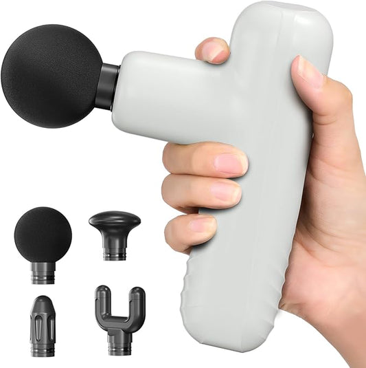 Mini Massage Gun, Powerful Handheld Muscle Massager for Back Pain Relief, Deep Tissue Percussion Small Massage Gun Travel Massager with 4 Massage Heads Silent Brushless Motor, White