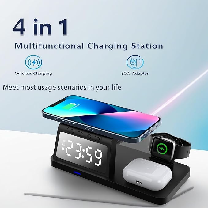 4-in-1 Wireless Charging Station with Clock Display, Compatible with iPhone/Apple Watch/AirPods,Black
