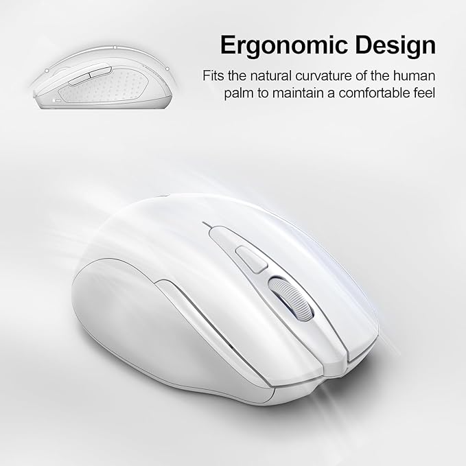 TECKNET Rechargeable Wireless Mouse, 2.4G Silent Quiet Click, 6 Adjustable 4800 DPI, Cordless Computer Mouse, Ergonomic Mouse for Laptop, 6 Buttons USB for Chromebook, Ergo Grip - White