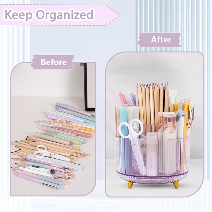SKYDUE Rotating Pencil Pen Holder, Pen Organizer with 5 Slots - Aesthetic Desk Organizer and Accessories for School, Home, Office Supplies, Clear Purple