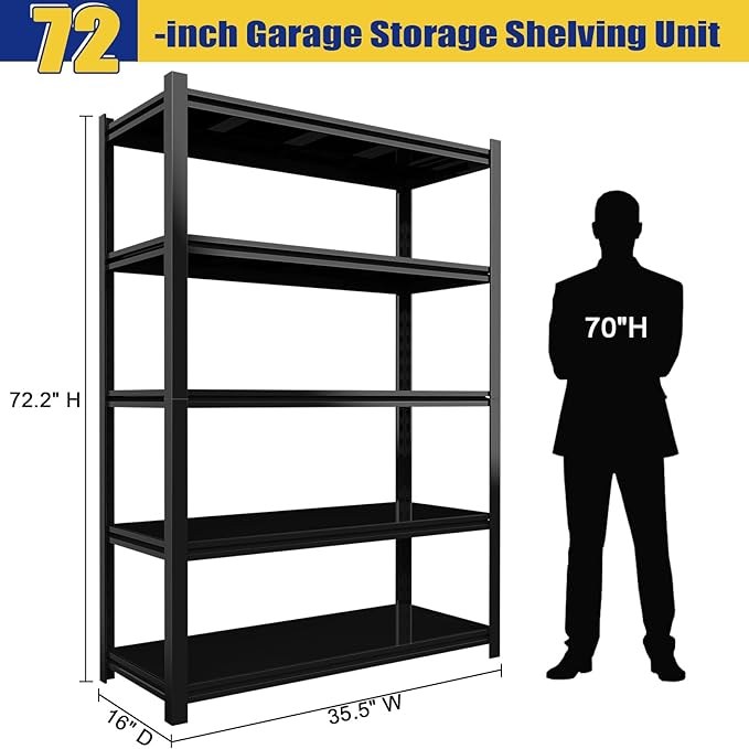 2500LBS Garage Shelving Units and Storage, Heavy Duty Shelf Rack, 5 Tier Shelves for Garage Storage, Metal Adjustable Shelf for Basement, Warehouse and Supermarket