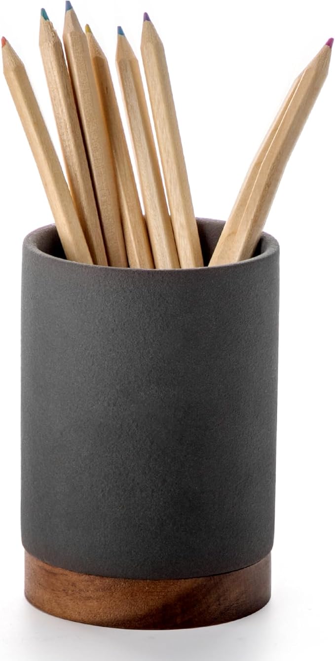Pen Holder for Desk, Ceramic Pencil Organizer & Makeup Brush Holder, Office Decor and Desk Accessories，Perfect Office Organization,Teacher Supplies (Dark Grey, Set / 1)