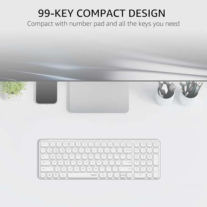 Rapoo E9350L Multi-Device Wireless Keyboard, Blade-Series E9350L 99-Key Ultra-Thin Keyboard, Support 4 Devices, Low-Profile, Quiet, USB-C, Rechargeable, Al-Alloy Frame, for Windows/Mac/Linux/Chrome