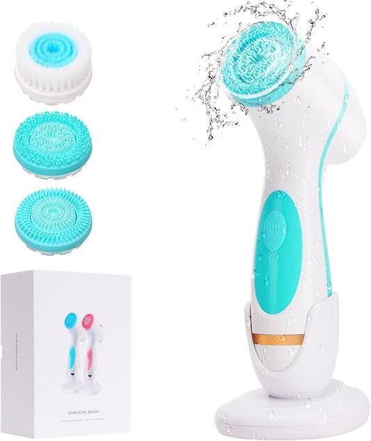 Facial Cleansing Brush, Waterproof Dual-Rotation Face Scrubber Exfoliator with 3 Brush Heads and 2 Adjustable Speeds, Rechargeable Exfoliating Face Brushes for Cleansing and Skin Care (Blue)