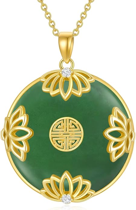 Jade Lotus Necklace for Women 14k Gold Plated Sterling Silver Good Fortune Jade Jewelry Birthday Christmas Gifts for Women Mom Wife