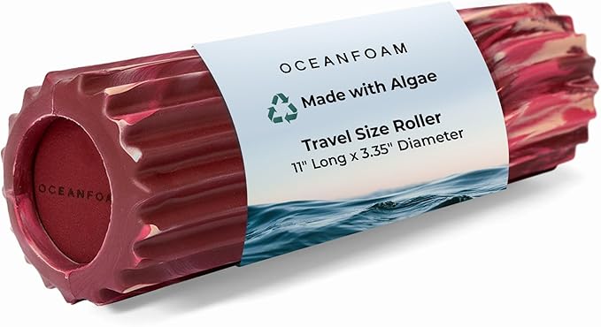 Oceanfoam Ripple Travel Foam Roller (11" x 3.35") Firm Mini Foam Roller for Physical Therapy, Deep Tissue Massage, Back Pain - High Density, Wave Textured - Yoga (Maroon, Blush & Hot Pink Marbled)