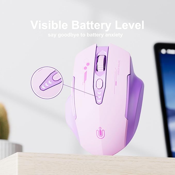 Uineer Wireless Bluetooth Mouse,[Upgraded] Rechargeable Computer Mice (BT 5.0/4.0+2.4G Hz) with Visible Battery Level, 4 Adiustable DPl, Portable PC Mouse for MacBook Chromebook,Purple