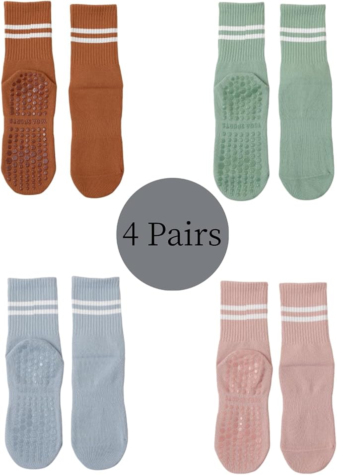 Yoga Socks with Non-Slip Grips for Women - 4 Pairs Pilates, Barre, Gym, Dance Workout Anti-Skid Socks