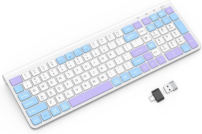 Colorful Wireless Keyboard with Low-Profile Keys-Soft Touch,Cute,Quiet Design,Windows & Mac OS，Office Cordless Slient Computer Keyboard for Desktop,Laptop, PC, Mac, Windows-Purple Blue White