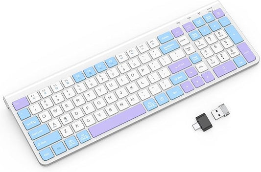 Colorful Wireless Keyboard with Low-Profile Keys-Soft Touch,Cute,Quiet Design,Windows & Mac OS，Office Cordless Slient Computer Keyboard for Desktop,Laptop, PC, Mac, Windows-Purple Blue White