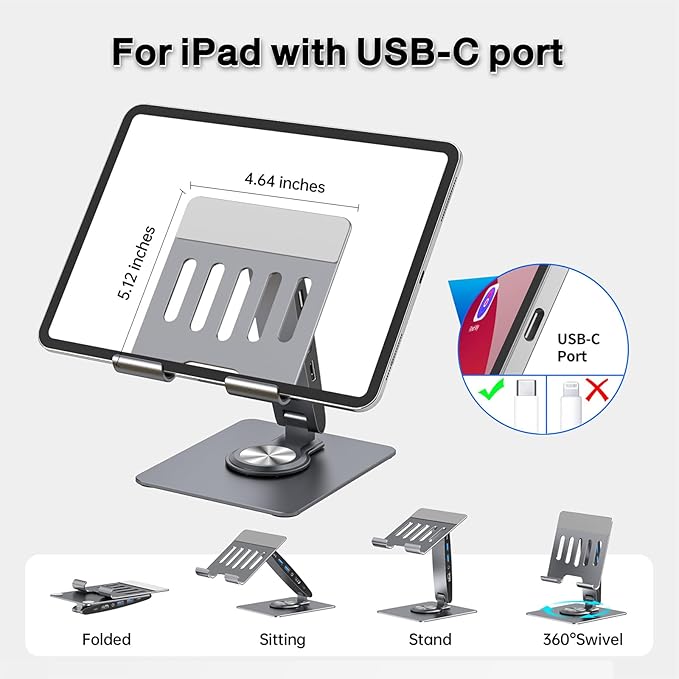 Adjustable Tablet Stand with USBC Hub 7-in-1, Aluminum Tablet Holder with Docking Station, 360° Swivel Base, 4K HDMI, 100W PD Charging, USB 3.0, SD/TF Reader, 3.5mm Audio, for iPad with USB-C Port