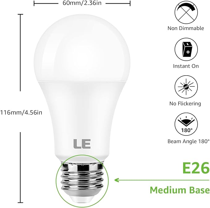 LE 100W Equivalent LED Light Bulbs, 14W 1500 Lumens 2700K Warm White Non-Dimmable, A19 E26 Standard Base, 10000 Hour Lifetime, Pack of 6