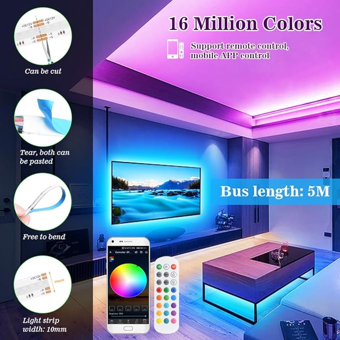 12V RGB COB Led Strip Light 16.4ft/5m, 576Leds/m, Smart Led Strip Lights Dimmable with APP Control, Music Sync, Alexa/Google Compatible, Flexible Led Tape Light for TV Led Backlight, Room Decor