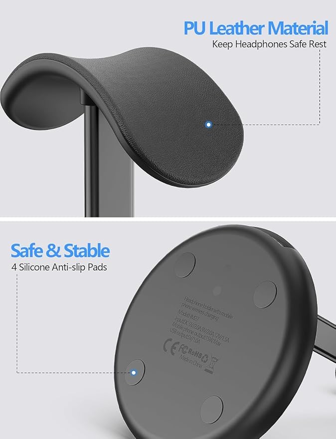 Miroddi Headphone Stand with Wireless Charger, Independent USB Charging Port, 5 in 1 Charging Station Headset Holder Rack for AirPods Max/Pro/4/3/2, iWatch, iPhone, Samsung and Desk Headphones, Black