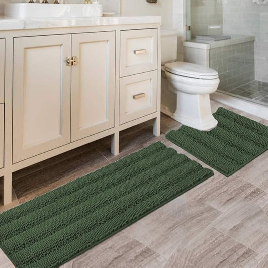 H.VERSAILTEX Bathroom Rugs Bath Rug Set 2 Piece Bathroom Contour Rug Toilet Mat Sets Non Slip Contour Bath Rug Ultra Thick Water Absorbent Striped Bath Mats(47" x 17" Plus 20" x 20" U, Bronze Green)